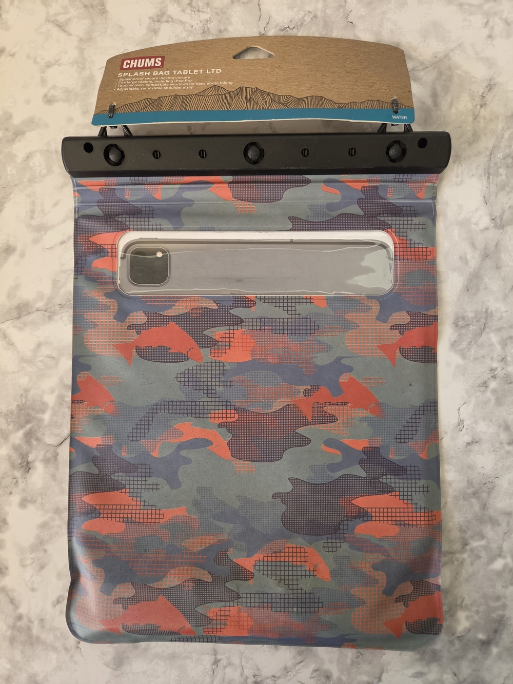 CHUMS Splash Bag Tablet, Waterproof Tablet Holder Case (Fish Camo Blue)